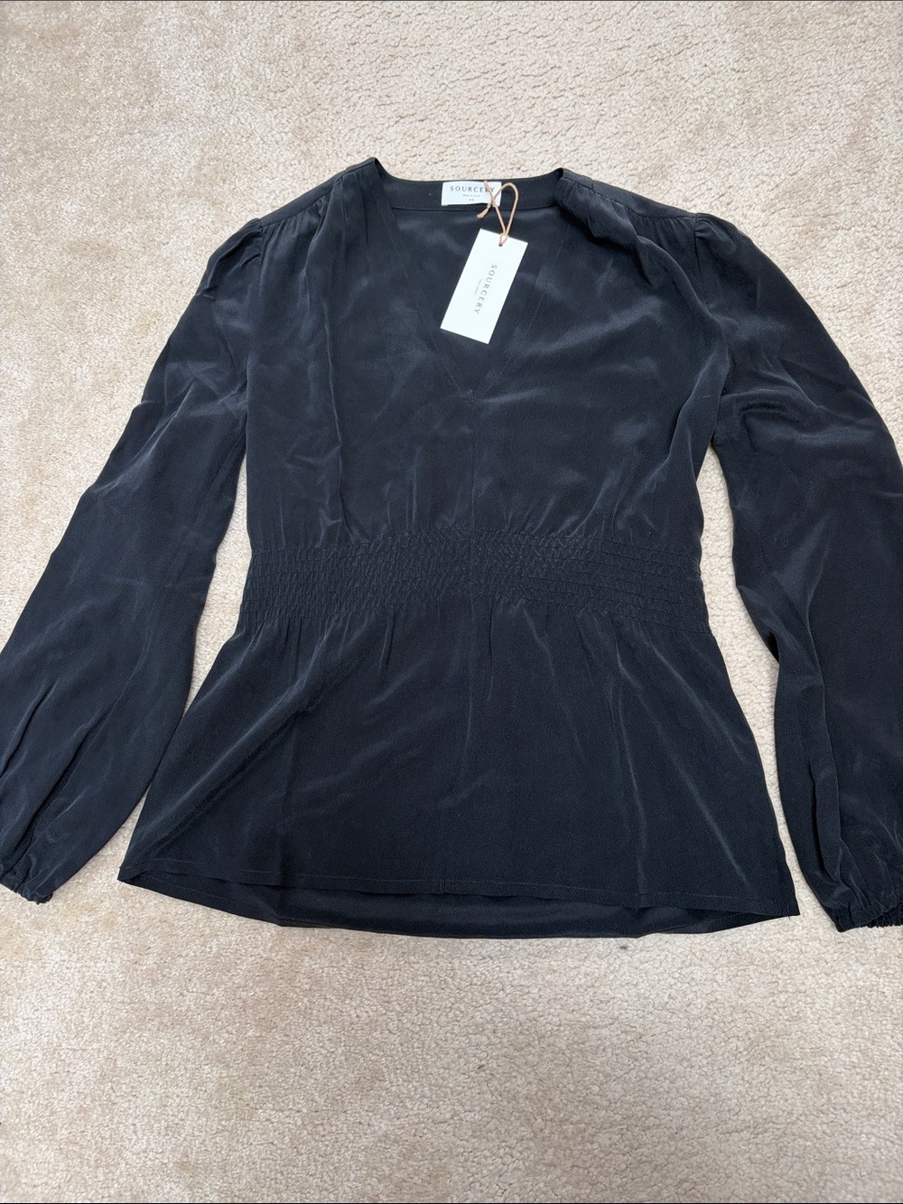 Black Smocked-Waist Long Sleeve Blouse